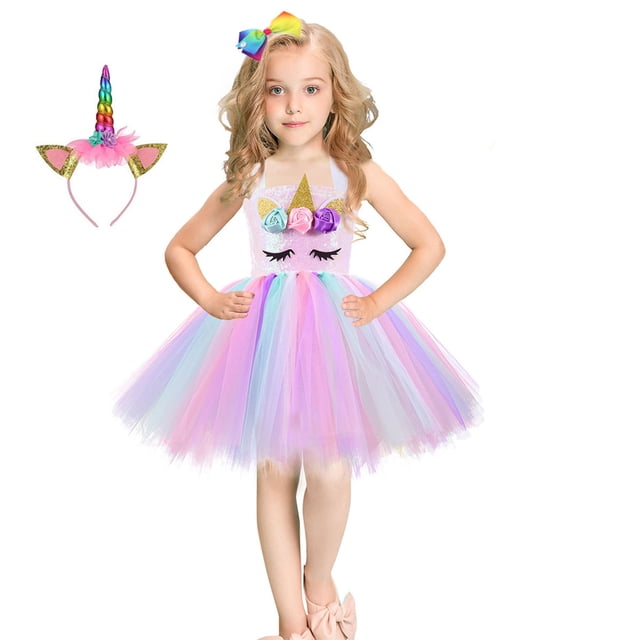 HAWEE Robe Tutu Dreams à Paillettes Licorne pour Filles 2-10 Ans avec Bandeau Licorne Fête d'Anniversaire Hiver Récital Danse Robes