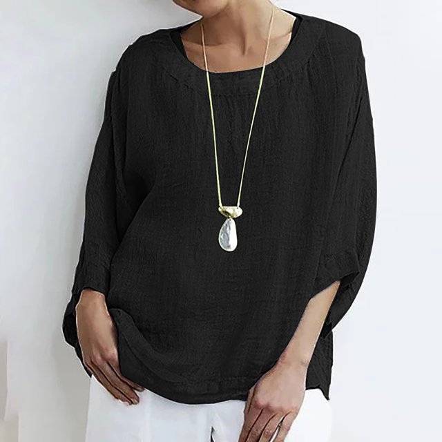 Offres d'Économies d'Été Cagogo Tuniques Amples pour Femmes en Liquidation à Moins de 10 $ Hauts d'Été Coton Lin T-Shirt à Manches 3/4 Col Ras du Cou Basique Tendance Blouses de Printemps Cadeau d'Anniversaire