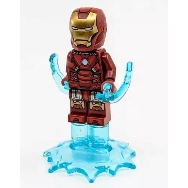 LEGO Superhéros : Minifigurine Iron Man Mark 7 Armure avec Explosions Puissantes. la Figurine Mesure Moins de 2 Pouces de Hauteur et Présente un design d'Armure Rouge et Or Détaillé avec un Casque Métallique Doré. Elle Comprend des Accessoires Power blast Bleu Translucide et une base Assortie, compatible avec les Ensembles LEGO Standards. Convient aux 6 Ans et Plus.