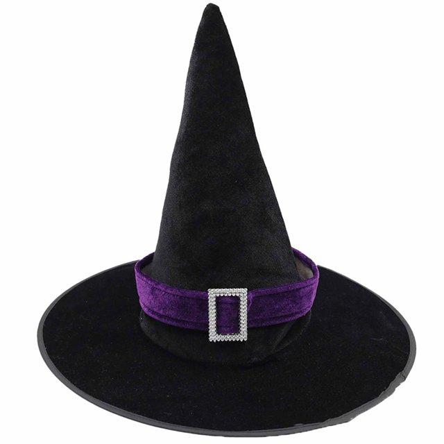 Hats, Fashionable New Children's Performance Party Right Angle Hat Witch Hat. A black witch hat with a tall pointed design, featuring a purple velvet band and a decorative silver buckle. Made from cotton and polyester, it is soft, breathable, and comfortable for children to wear. Suitable for parties, holidays, and daily use.