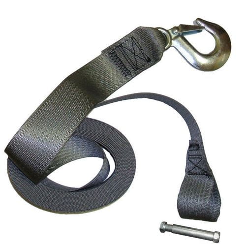 Winch strap 2 inch by 23 feet black polyester webbing with galvanized steel grab hook and holding bolt, designed for automotive towing and recovery, also suitable as a durable tie-down strap.