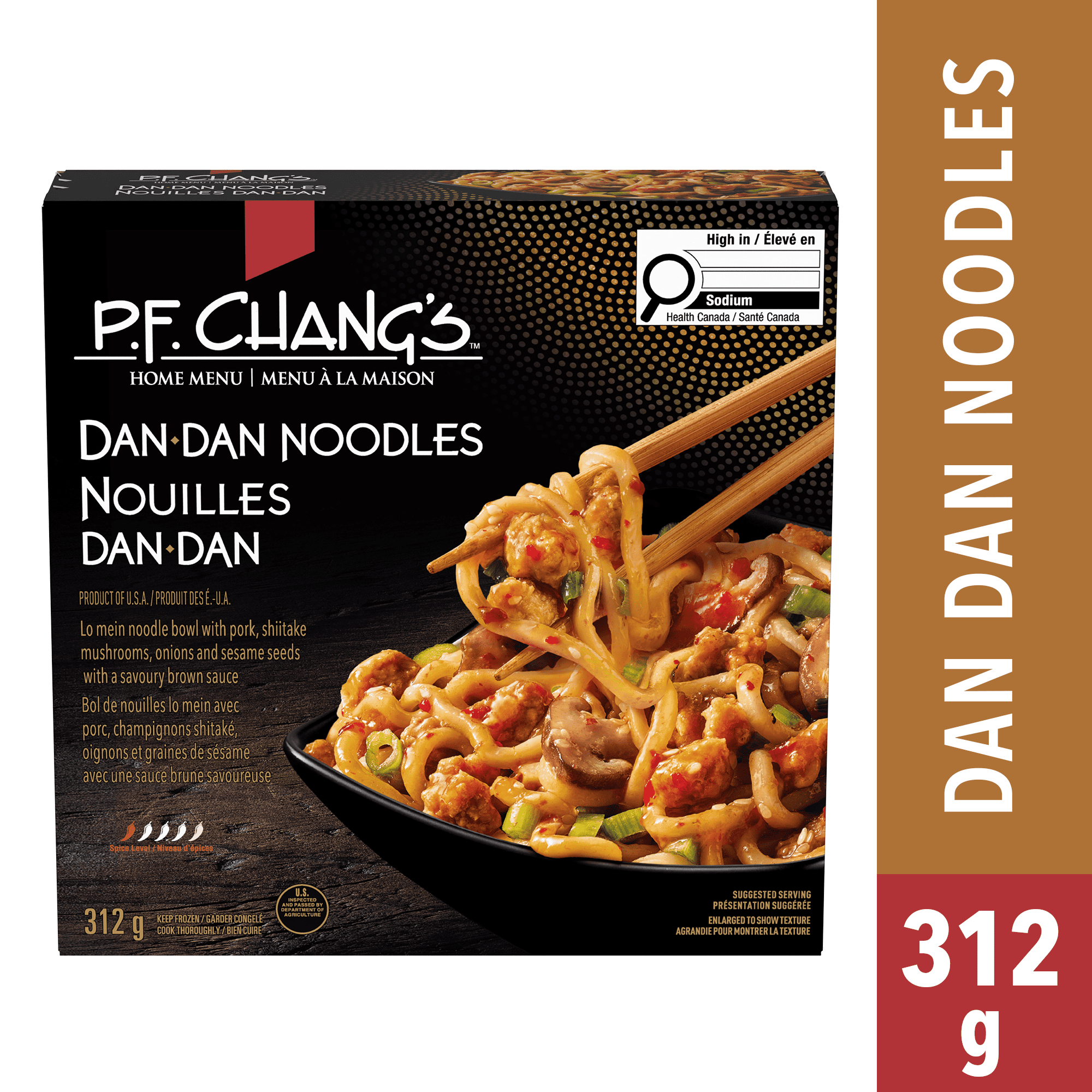P.F. Chang’s Home Menu Pork Dan Dan Noodles Bowl Frozen Dinner, Lo mein noodle bowl with pork, shiitake mushrooms, onions and sesame seeds in sauce, Dan Dan Noodles Frozen Meal, 312g