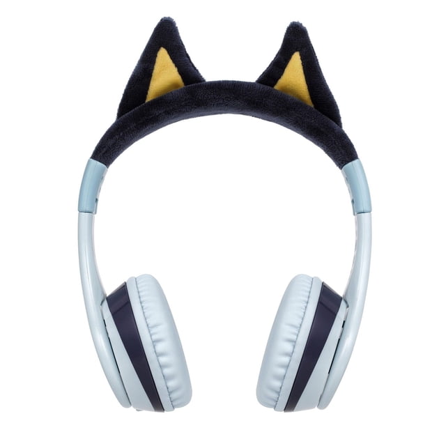 Bluey Bluetooth Youth Headphones with light blue cushioned ear cups and padded headband featuring black and yellow plush cat ears, designed for kids' wireless audio streaming via Bluetooth or 3.5mm cable, compatible with smartphones and tablets.