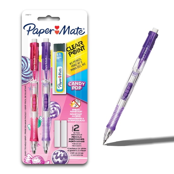 Porte-mines Paper Mate Clearpoint, bonbons éclatants, mine HB n° 2 (0,7 mm), 2 unités