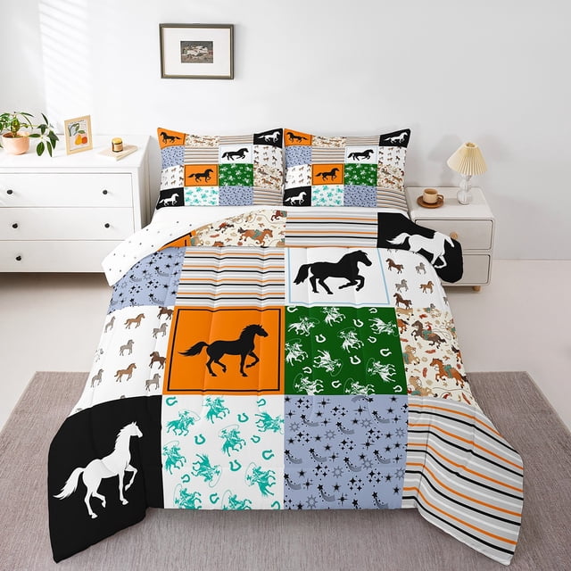 Erosebridal Ensemble de Couette Simple à Motif de Cheval au Galop, Couette en Duvet d'Animaux de Ferme, Décor de Chambre Western, Réversible, Légère, 2 Pcs