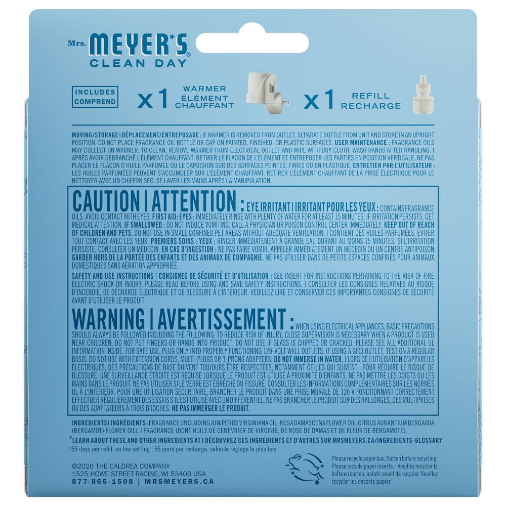 Mrs. Meyers Clean Day Kit diffuseur d'huile parfumée à brancher Eau de pluie