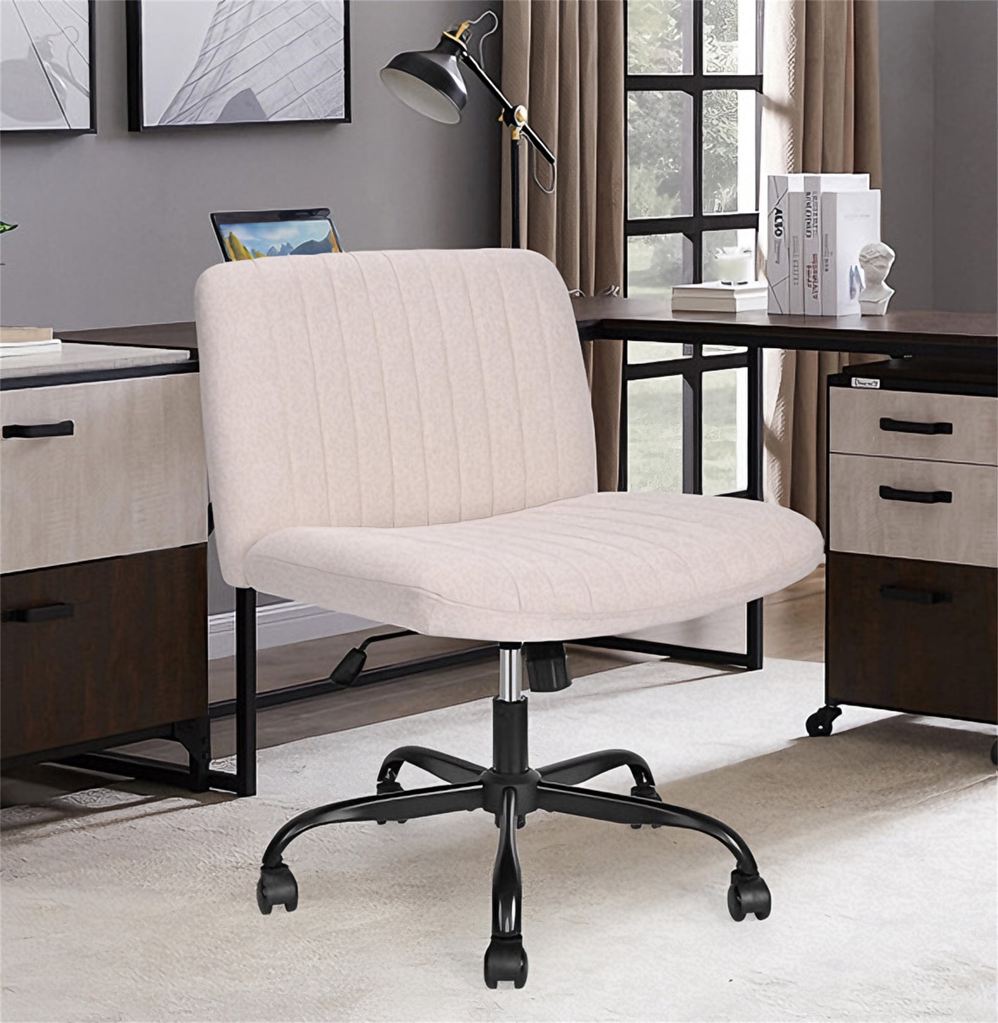 Criss Cross Office Chair with Wheels, Wide Seat Cross Legged Office Desk Chair, Modern Fabric Swivel Computer Chair Armless Vanity Chair for Bedroom, Living Room and Study Room