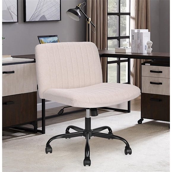 Criss Cross Office Chair with Wheels, Wide Cross Legged Office Desk Chair, Armless Vanity Chair Modern Fabric Swivel Computer Chair for Living Room, Bedroom and Study Room