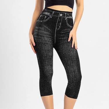 Aboser Leggings Capri Moulants pour Femmes Tendance en Faux Denim Pantalon Crayon Extensible Taille Haute Capris Décontractés Coupe Ajustée Legging Court 2024