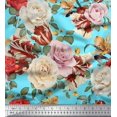 thumbnail image 1 of Soimoi Tissu Satin Modal Bleu Feuilles & Roses Imprimé Floral au Mètre 42 Pouces de Large, 1 of 3