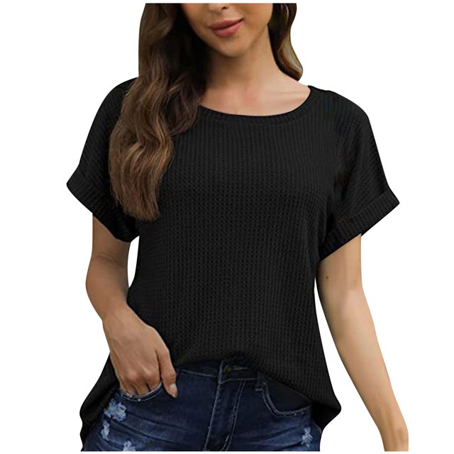 AherBiu Hauts d'Été pour Femmes Décontractés Confortables T-Shirts à Manches Courtes Amples 2024 Tendance Tuniques à Col Rond Hauts