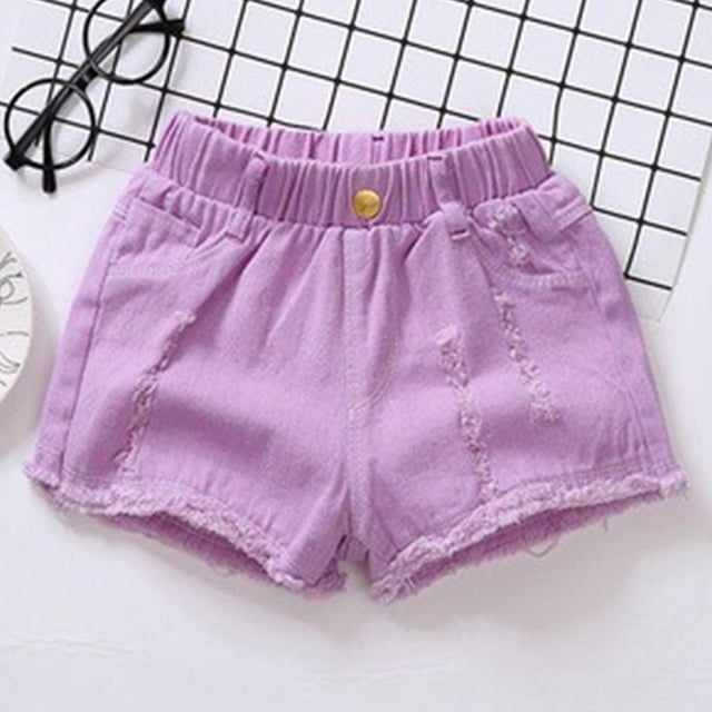 Clearance & Promo,Versatile Denim Shorts, Solid Color, Button Pocket, Ripped Style, For Kids, Comfortable Fit, Playtime Fashion, Kids Shorts Classic Design|Cotton,Purple,Sopatenor