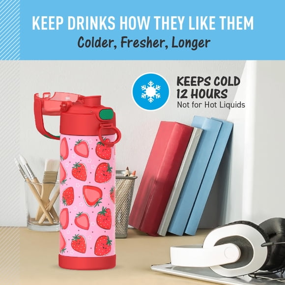 Bouteille d'Eau Thermos FUNtainer Remise à Neuf, 16 Oz, Strawberry Smiles, Acier Inoxydable, Isolée sous Vide, Conception Adaptée aux Enfants, Couvercle à Bouton-Poussoir, Poignée de Transport au Toucher Doux