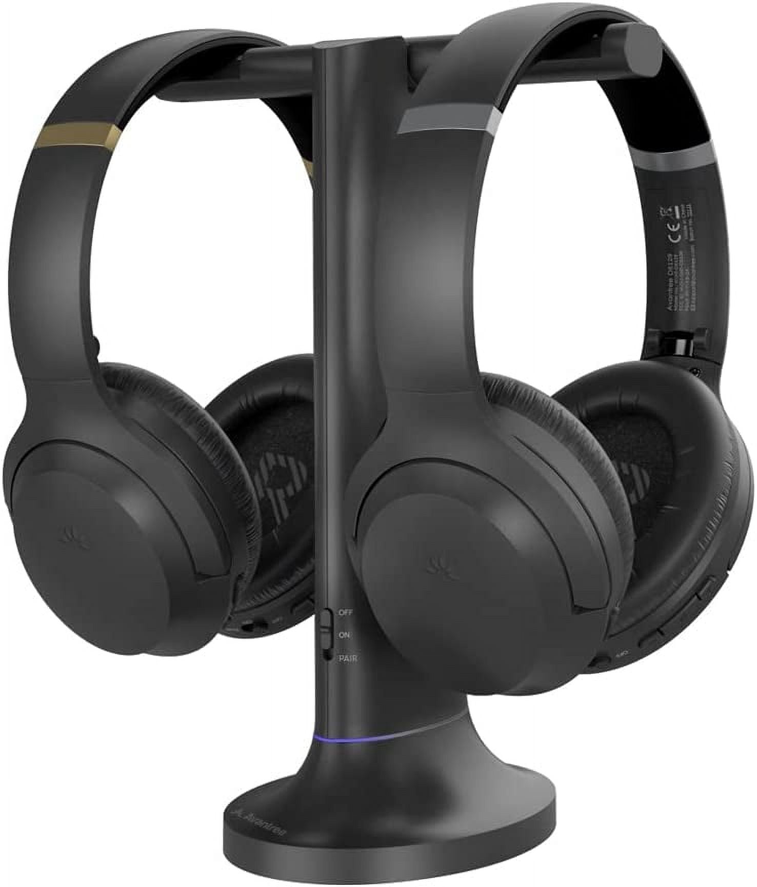 Avantree Duet - Dual Wireless Headphones for TV Watching with Transmitter/Charging Stand 2-in-1, Clear Dialogue Mode & Volume Boost for Seniors, Scalable to 100 Headphones - Black