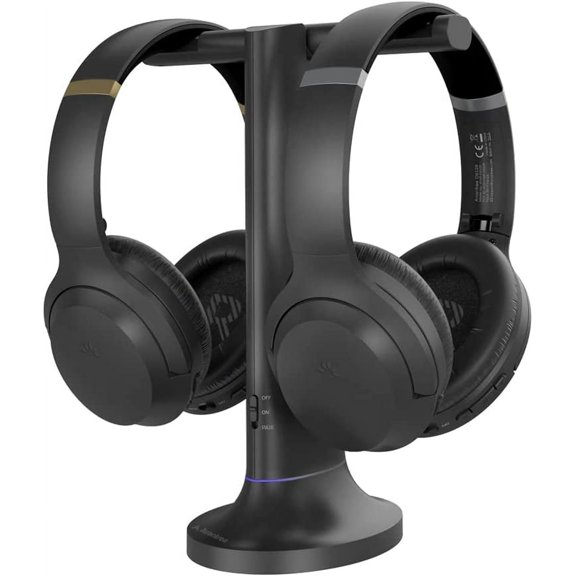 Avantree Duet - Dual Wireless Headphones for TV Watching with Transmitter/Charging Stand 2-in-1, Clear Dialogue Mode & Volume Boost for Seniors, Scalable to 100 Headphones - Black
