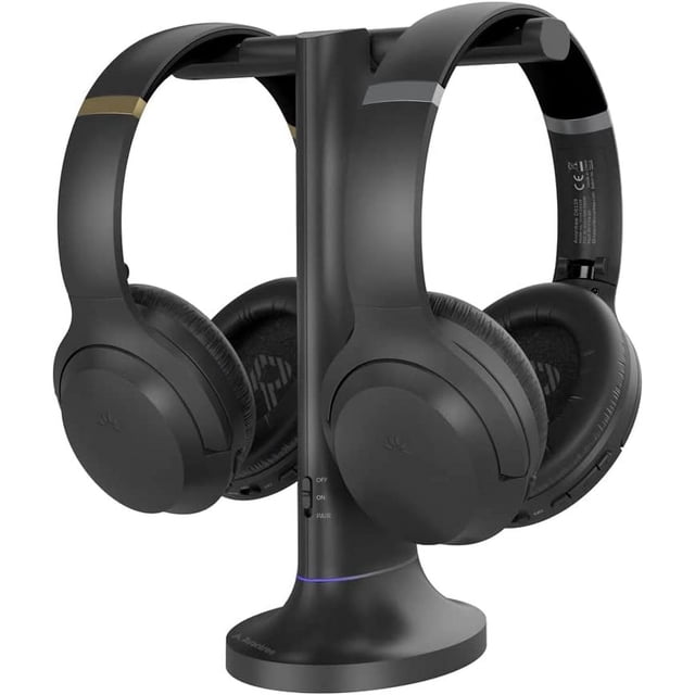 Avantree Duet - Casques sans fil double pour TV Observation avec transmetteur / support de charge 2-in-1, Effacer le mode de dialogue & Volume Boost pour les seniors, évolutive à 100 écouteurs - noir