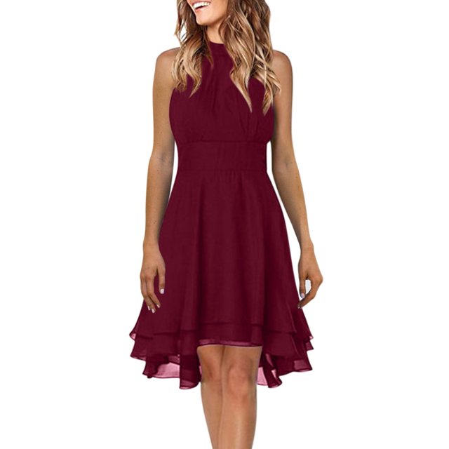 XDZJLR Womens Dresses formal Solid Halter Neck Button Chiffon Splice A Line Skirt