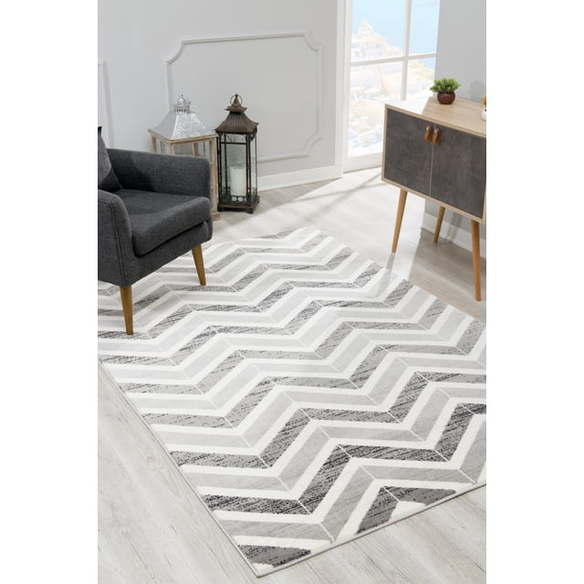 Rug Branch Kirei 8' x 11' (7'9" x 10'9") Grey/Beige Chevron Indoor Area Rug, Contemporary, Medium Pile, Stain-Resistant Carpet - Living Room, Bedroom, Dining Room, and Kitchen