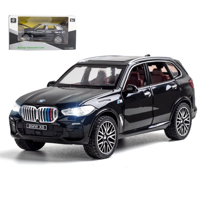 1:32 BMW X5 SUV alloy car model diecast toy vehicle featuring a high-simulation design with a black exterior, detailed grille, and realistic headlights. Made of alloy and plastic, this collectible toy includes sound and light features. Packaged in a branded box, ideal for children or collectors.