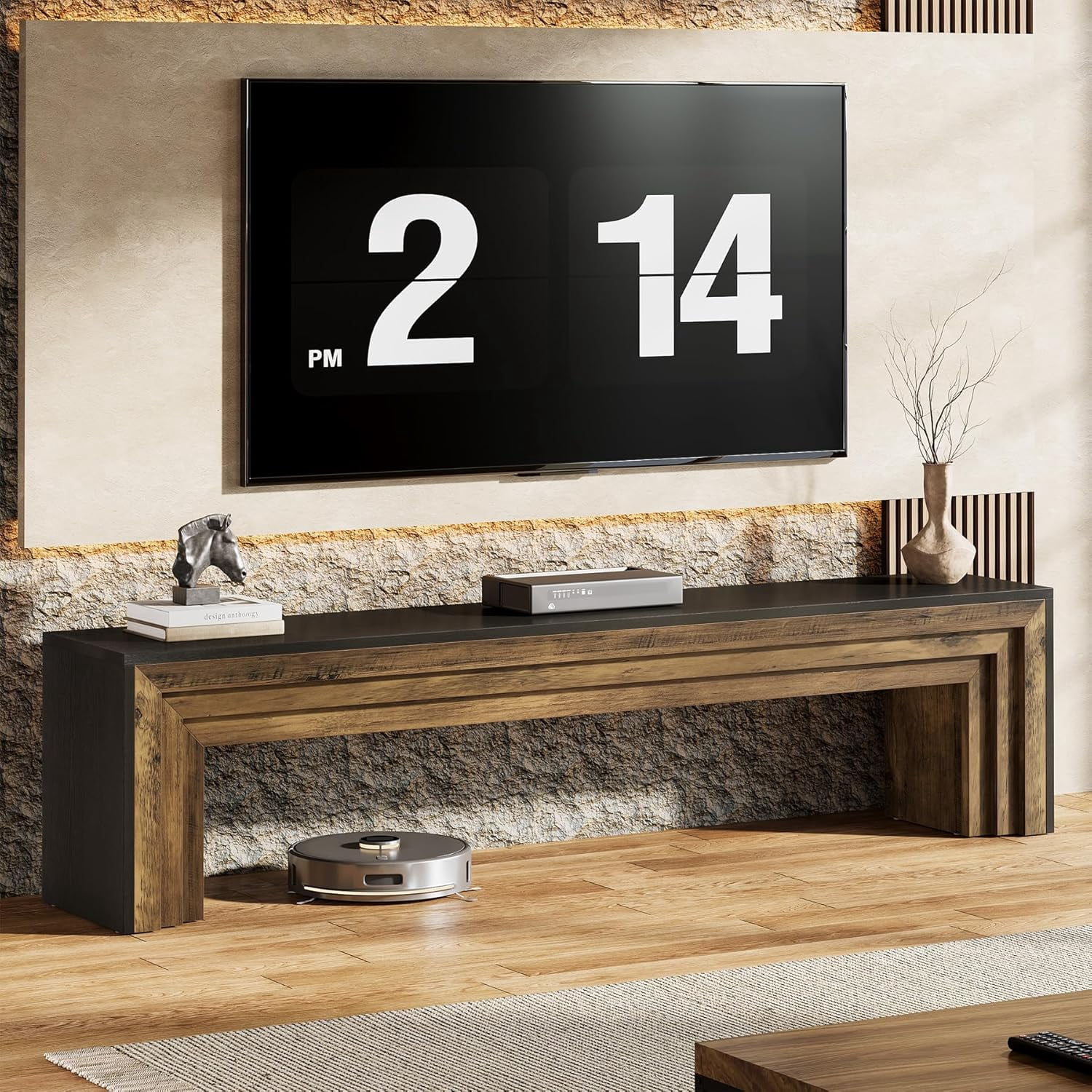 Tribesigns 70.9" TV Stand for 75-Inch TVs, Wooden Extra Long Media Console with Open Base & Heavy-Duty Frame, Entertainment Center for Living Room, Brown & Black