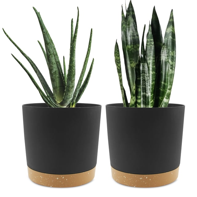 QCQHDU 2 Pack Plant Pot, Black Plastic Indoor Planter With Drainage Holes And Removable Base