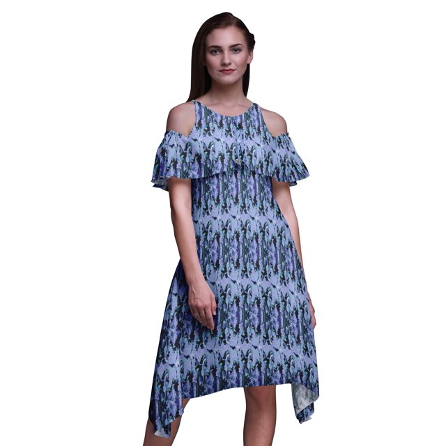 Bimba Robe Droite à Épaules Dénudées pour Femmes, Tunique de Fête à Col Rond, Imprimée Teinture sur Nœuds Bleue - XXX-Large