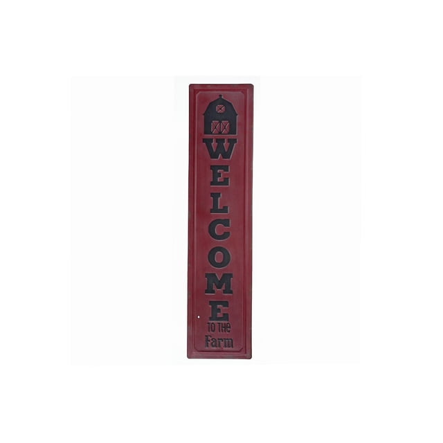 IH Casa Decor Vertical Embossed Metal Sign Welcome To The Farm, a vertical red metal wall sign with black embossed lettering and a barn icon at the top. It measures 7.5 by 0.5 by 31.5 inches and is designed for kitchen or door display, often gifted for special occasions.