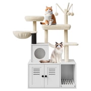QinaQin 3-in-1 Cat Litter Box Enclosure with Cat Tree Tower and Condo, Wooden Cat Furniture with Hidden Washroom