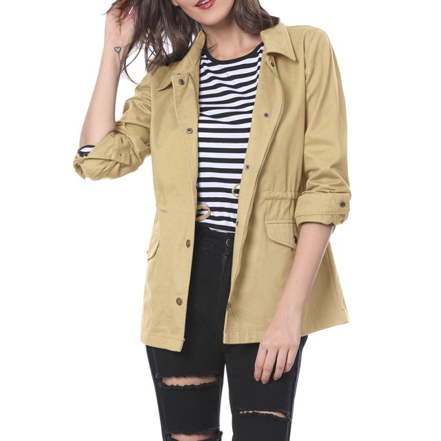 INSPIRE CHIC Women's Solid Drawstring Waist Flap Pocket Utility Jacket