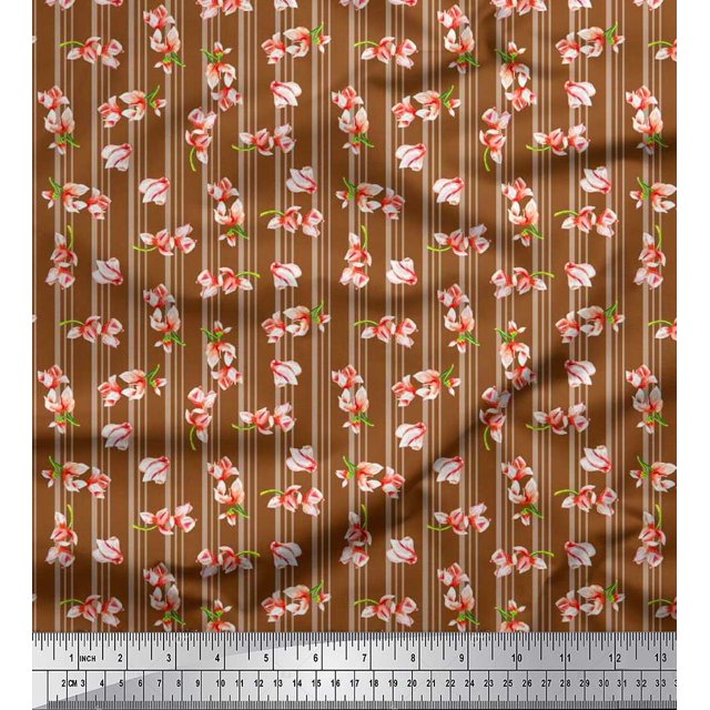 Soimoi Tissu Crêpe polyester Rayé & Magnolia Imprimé Floral au Mètre 52 Pouces de Large