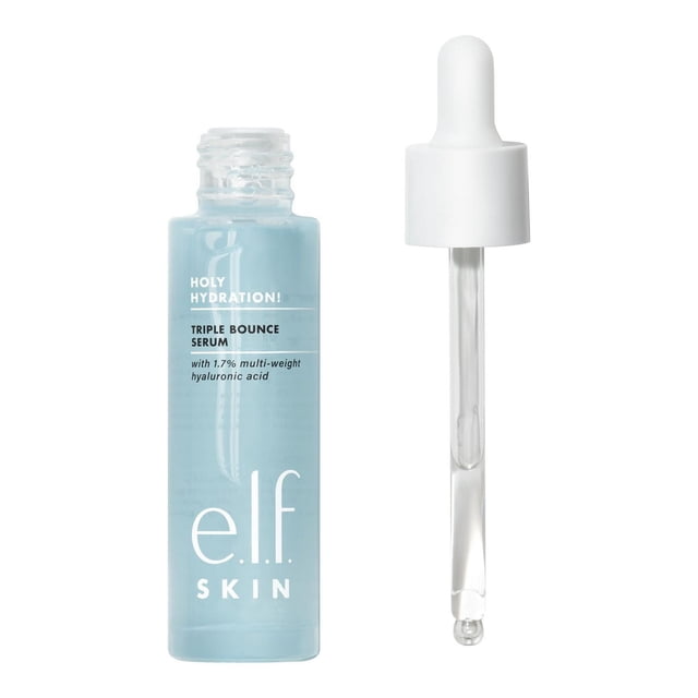 e.l.f. Cosmetics Holy Hydration! Sérum à Triple Rebond en Bouteille Bleu Pâle Transparent avec Texte Blanc et Compte-Gouttes Blancs Séparés, Contenant 1,7 % d'Acide Hyaluronique Multi-Poids pour Hydrater et Repulper la Peau, Idéal pour les Soins Quotidiens du Visage.