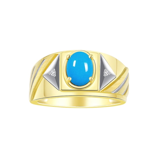RYLOS Men's Rings 14K Yellow Gold Ring Classic Designer Style 8X6MM Oval Gemstone & Diamond Ring Turquoise Birthstone Rings For Men Size 11