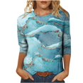 thumbnail image 1 of IROINID Économies Hauts à Manches Longues pour Femmes T-shirt Imprimé Blouse Manches 3/4 Col Rond Hauts de Détente, Bleu, 1 of 5
