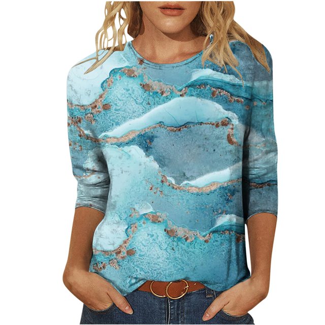 IROINID Économies Hauts à Manches Longues pour Femmes T-shirt Imprimé Blouse Manches 3/4 Col Rond Hauts de Détente, Bleu