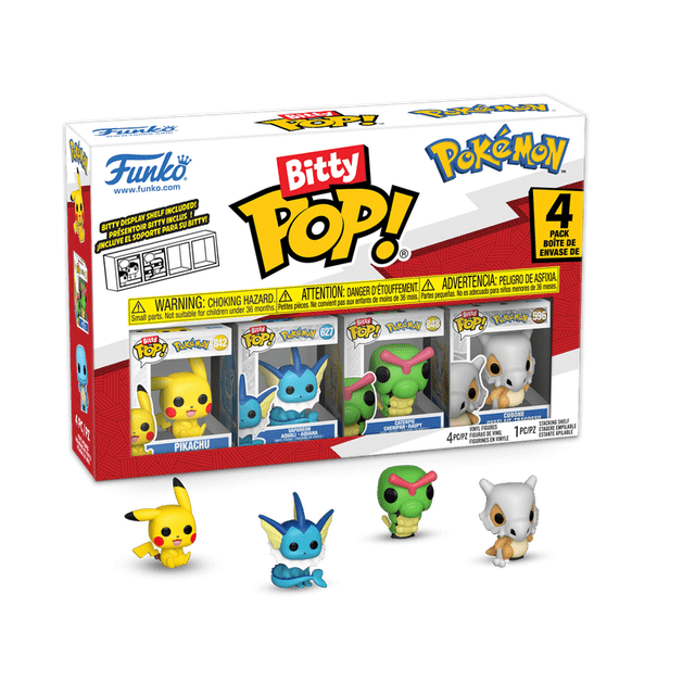 Bitty POP: Pokemon - Pikachu4PK Comprend Quatre mini Figurines d'Action en Vinyle de Collection de Pikachu, Vaporeon, Caterpie et Cubone, Chacune d'Environ 0,9 Pouce de Hauteur, Exposées avec Leur Vitrine Empilable en Acrylique et Boîte d'Emballage.