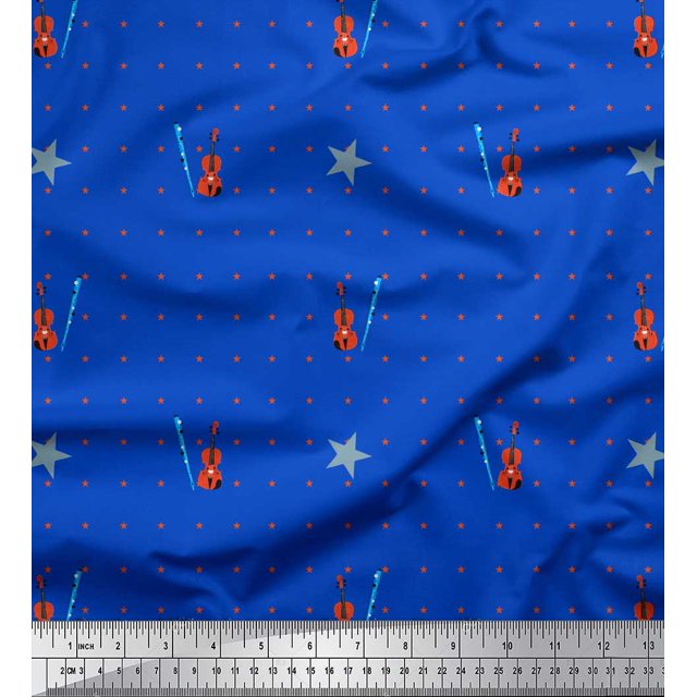 Soimoi Blue Rayon Fabric Stars & Violin Musical Instrument Printed Craft Fabric by the Yard 56 Inch Wide