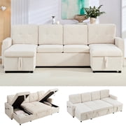 ZAFLY 103" Pull Out Couch, Sectional Sleeper Sofa Bed with Storage, Corduroy Convertible U Shaped Sofas for Living Room - Beige