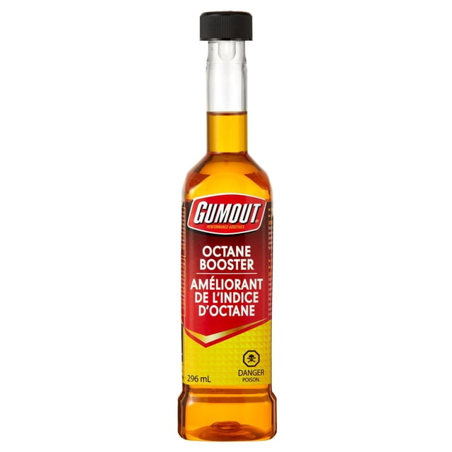 Gumout Octane Booster fuel additive in a clear 296 mL plastic bottle with amber liquid, red and yellow bilingual label, and black screw cap, designed to increase octane rating, reduce engine knocking, and improve horsepower for gasoline engines.