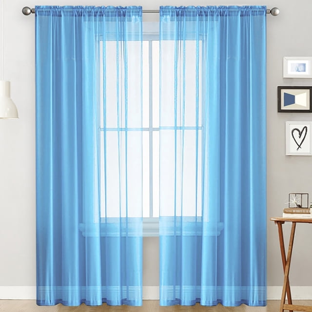 MAWCLOS Rideau de Fenêtre 2 Panneaux Rideaux Transparent Long Voile Transparent Poche pour Tringle Uni Blanc Habillages Basique Plusieurs Tailles Bleu 2 Pcs-L : 28 Pouces x H : 91 Pouces