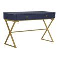 thumbnail image 1 of Linon Bureau de Campagne à Deux Tiroirs, Dessus en Métal Doré avec Pieds Croisés, en Bois Bleu, 1 of 15