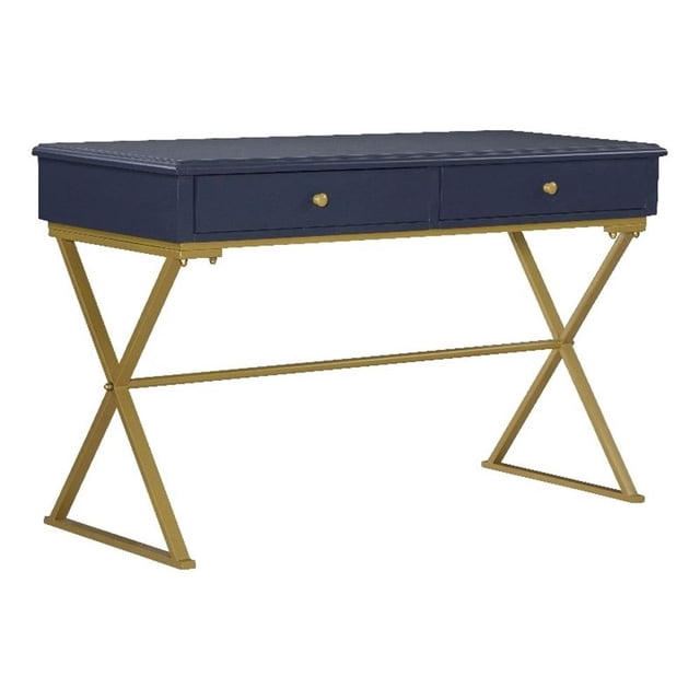Linon Bureau de Campagne à Deux Tiroirs, Dessus en Métal Doré avec Pieds Croisés, en Bois Bleu