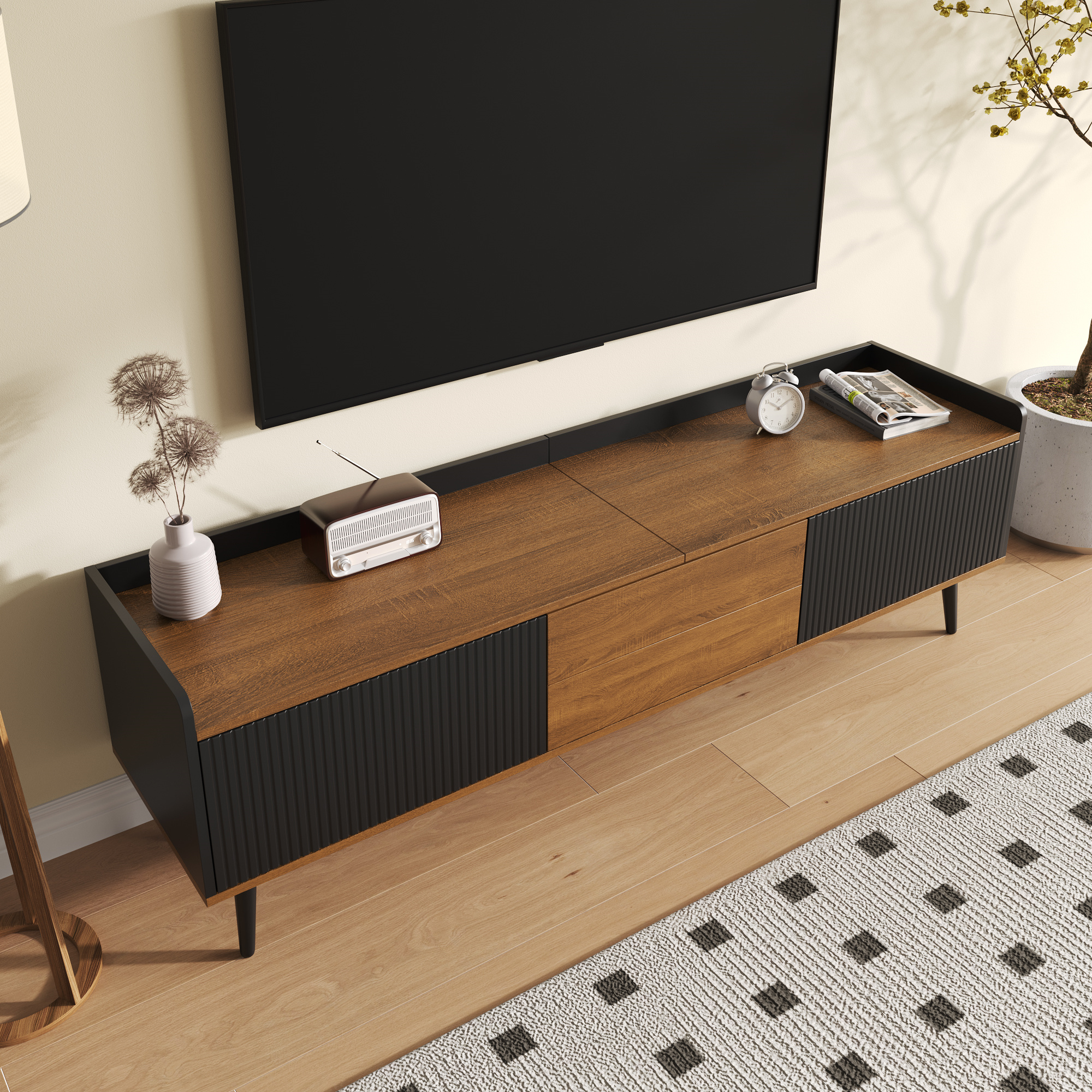 Noble House Meuble TV, Planche Basse avec Trois Portes, texture Fine. Noir