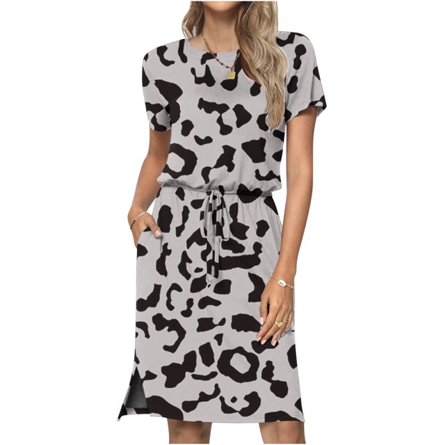 EGNMCR Robes d'Été Femmes Tendance 2024 Robe Décontractée pour Femme Imprimée à Manches Courtes Col Ras du Cou à Lacets avec Poches