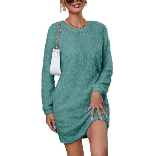 Bellella Robe Chandail pour Femmes, Mini Robe en Peluche à Manches Longues, Robe Chandail Ample en Polaire Chaude Couleur Vert Pois 2TG
