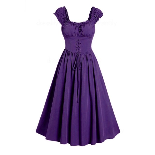 Kaemgyyd Robe Corset pour Femmes Renaissance Vintage à Manches Courtes Bouffantes Robe Midi Mignonne Ligne A Fluide Rétro Robes d'Été pour Fête