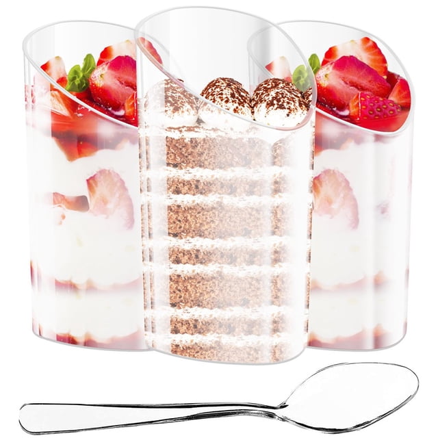 POINTERTECK 50Pcs Dessert Cups with Spoons 80ML/2.7oz Slanted Round Appetizer Cup Mini Clear Parfait Cups Reusable Plastic Mousse Cup Stackable Puddings Serving Cup for Home Party Dessert