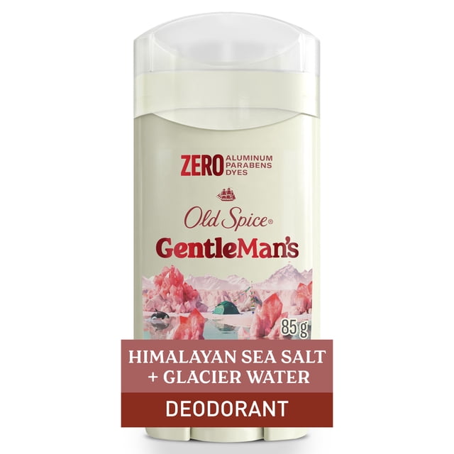 Old Spice Men's Gentleman's Blend Aluminum Free Deodorant, Himalayan Sea Salt, 85g stick with cream-colored body and clear cap, featuring red text and pink Himalayan salt and glacier water imagery, offering 24/7 odor protection without aluminum, parabens, or dyes, ideal for daily use.