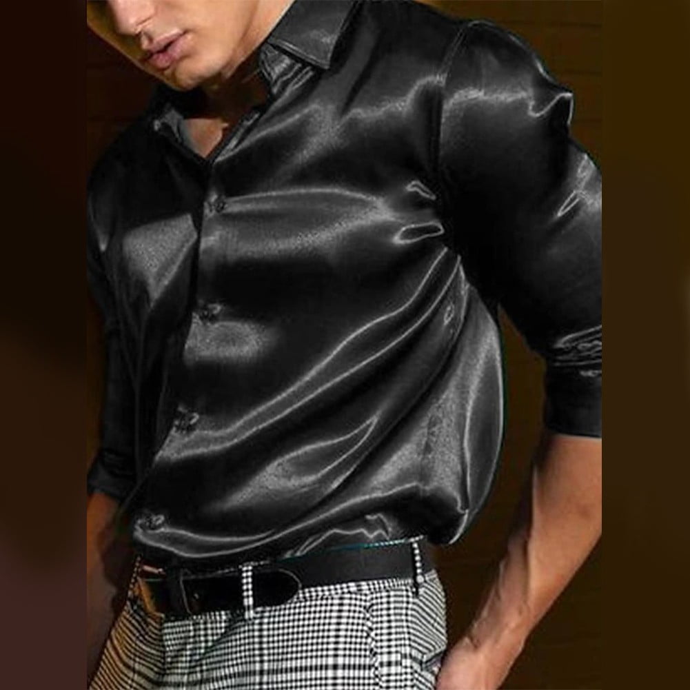 black satin dress shirt Mens Silk Long Sleeve Casual Button Down Shirts Wedding Party What shoes and accessories pfs:label-100% Cotton! Color:Champagne Rose Oversize silk satin shirt