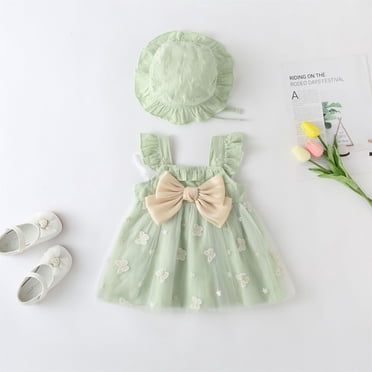 Robes pour Bébé Fille Robe Tutu Sans Manches Robes d'Été pour Filles avec Chapeaux Ensemble 2 Pcs Robe de Fête pour Tout-Petit 6-9 Mois