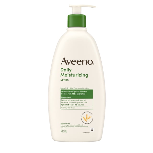 Aveeno Daily Moisturizing Lotion 532mL pump bottle for dry skin with prebiotic oat, fragrance free formula that strengthens the skin’s natural moisture barrier and provides 48-hour hydration, dermatologist recommended for daily use.